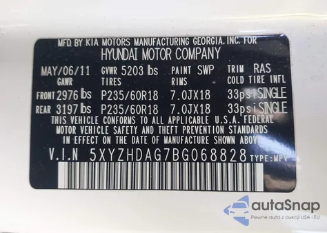 2011 Hyundai Santa Fe Se z USA, uszkodzony, nr VIN 5XYZHDAG7BG068828